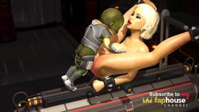 Hot sex with alien. A sexy blonde has crazy fuck with a green alien in a spaceship