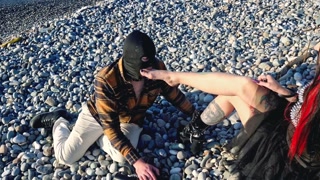 Dominatrix Nika and her foot slave. Boot worship, sock sniffing, foot licking.