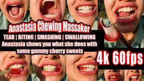 4K 60 FPS | Anastasia presents her perfect teeth: incisors, canines and molars in action as she chews and swallows gummy cherries right in front of you