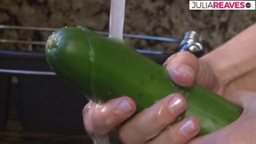 Brenda masturbates in the kitchen with huge toys and groceries, including her ass