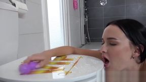 Weird teen 18+ cutie pisses herself and performs with pee