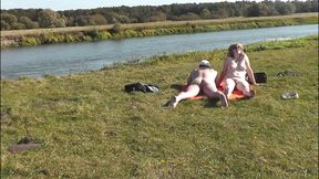 My wife and lover sunbathing naked on wild beach and fucking doggystyle. Naked in public Nudists Naturists Outdoor Outside Sex
