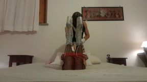 I bound my wife on the bed on pantyhose and high heels &mdash;  throated and fucked with no mercy