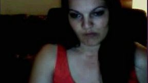 Ardent long haired brunette pale webcam slut in red lingerie exposed big tits