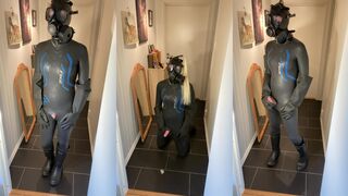 Homemade video of a wet, hot, and wild homemade video: wearing gasmask, condom mittens, and gloves, wearing a condom, and