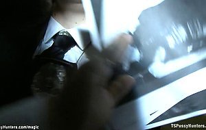 Three big cocks shemales fuck MILF