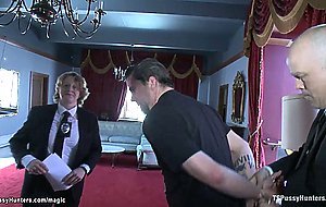 Three big cocks shemales fuck MILF