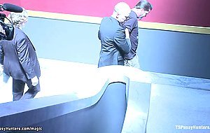Three big cocks shemales fuck MILF