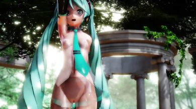 Miku gets eyed by a hungry kitty in 3D hentai