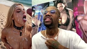 tight teen blonde on a leash at the beach and getting a hardcore bukkake session of her life, ai generated