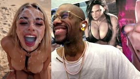 tight teen blonde on a leash at the beach and getting a hardcore bukkake session of her life, ai generated