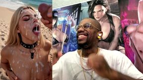 tight teen blonde on a leash at the beach and getting a hardcore bukkake session of her life, ai generated