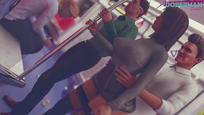Stranger in the subway cums in slut wife's pussy while husband stands there
