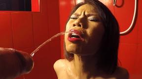 ”Teen ladyboy mouth pissing & sucking his big white meat in the shower”