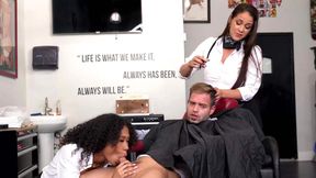 Thick Latina Miss Raquel and ebony Skyla Sun seduce a lucky guy who came for a haircu