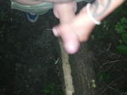 Night outdoor jerking, showing balls and cumshot on tree trunk