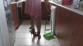 Slutty Sissy Kitchen Cleaning in High Heel Pumps and Ankle Cuffs plus Cock Teasing