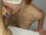 Kinky young milf in face mask try to take all his cum in bath