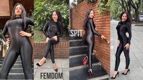 Goddess Worship in Nylon Catsuit, Humiliation, Spit Fetish