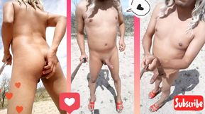 Naked slut walks in heels and butt plug in public very hot enjoy it