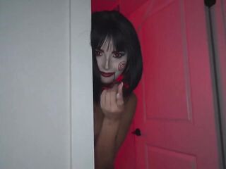 Agatha Vega Clothed as Saw the Riddler Plays with Christian Clay's Rod