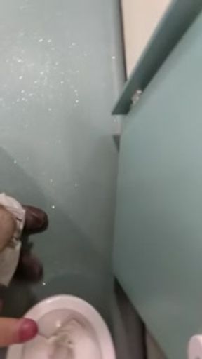 Risky, jerking off and cumming in a public toilet in middle of the day