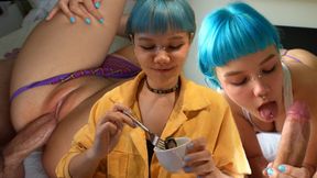 Blue-haired alternative teen gets big cock after lunch