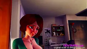 MILF 3D HENTAI SHORT HAIR GREEN SHIRT BIG CHEST SHORT AND RED PANTIES THONG GIVING IN THE BEDROOM