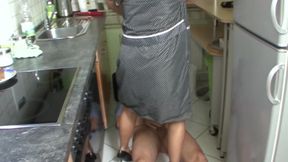 Shaved Granny Is Fucked Hard in Her Kitchen with a Big Cock Until Her Wet Pussy Leaks