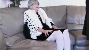 An old mommy with shaved pussy fucks with a younger lover
