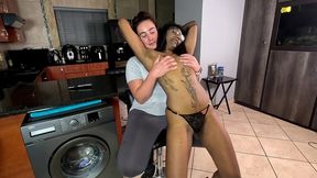 spoiling a birthday girl with a table, lap dance, cake on body candle blow