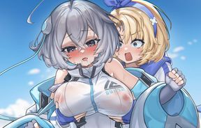 The guy is glued to the lesbian play of two girls