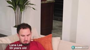 Mature blonde woman gives blowjob and shows off enormous tits to younger guy