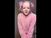 Pink-haired girl shushes with finger then pulls robe open 🖤