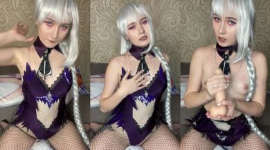 Cosplay girl on pillow rides dildo while fingering clit