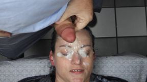 Eyes plastered shut with 2 big loads of cum