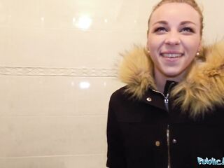 Public Agent Multiple orgasms as taut snatch stretched in public crap-house