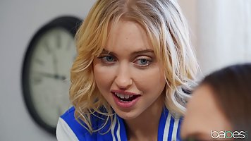 Slutty blonde chick is sucking a lucky guy's dick and sharing it with her best friend