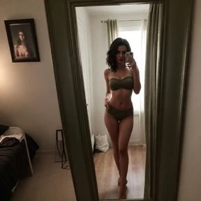 Full body mirror selfie, dark hair, wavy, video created by AI