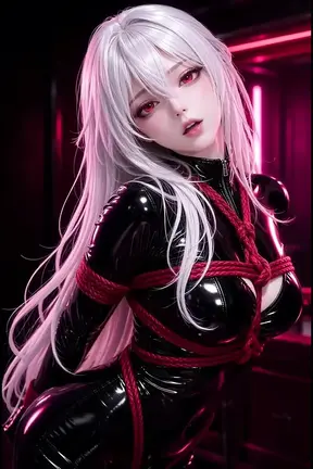 Bound beauty in black latex with red ropes