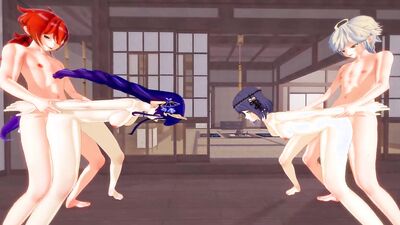 Genshin, the anime maid, gets her tight ass drilled by two big dicks in hot POV foursome action