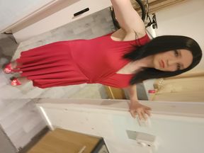 crossdresser wanking in red dress