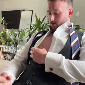 Office suited wank with nipple play