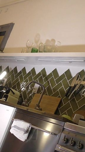 Flexible Hot Wife in the Kitchen Does Gym Training at Home by Spreading Legs and Taking Her Panties off Under Her Mini Skirt