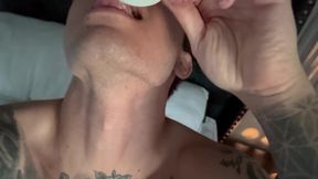 Young fem edges and jerks into coffee cup and drinks cum