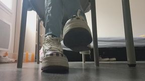 Giantess Zoe shoeplay underdesk while playing video games candidly