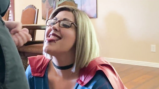 Big-Boobed blondie Supergirl is getting on all fours on the floor while blowing rod and hoping a facial cumshot jizz shot