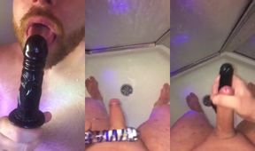 Gay married man sucks his own cum off a dildo after cheating in the shower