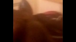 Guy wear leather leggings and thigh boots and leather thong and a strap on in his as