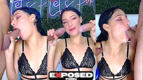Jasmine takes two cocks and gives blowjobs